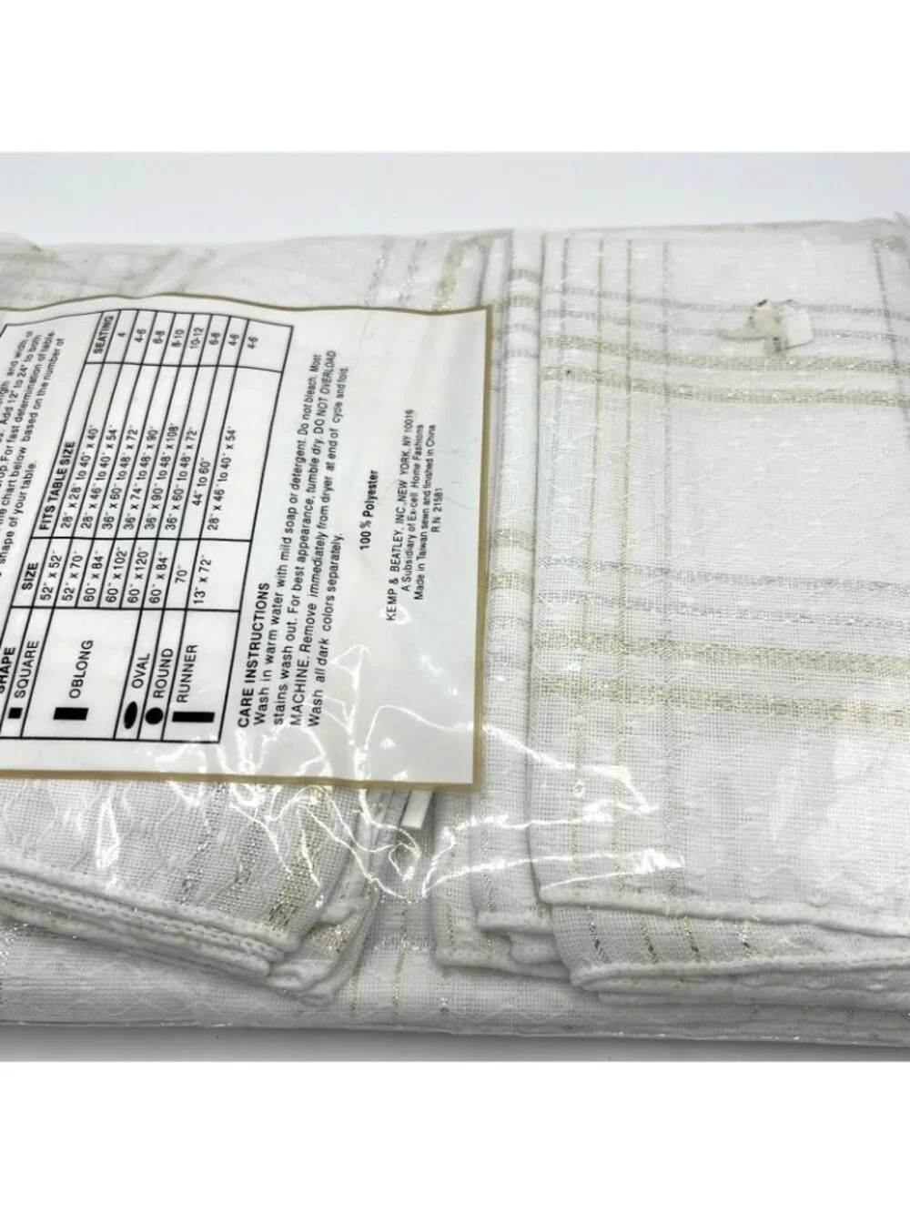 Kemp & Beatley Tablecloth White Woven Gold Silver 70 In Round 6 Napkins